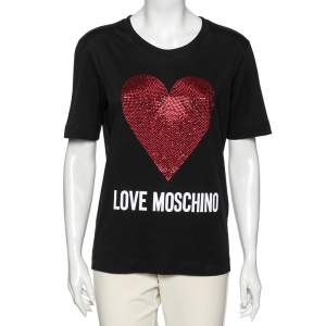 Love Moschino Black Logo Printed Cotton Heart Embellished T-Shirt M 