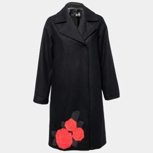 Love Moschino Black Wool Floral Applique Detail Coat M