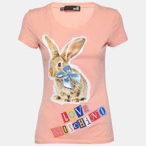 Love Moschino Pink Bunny Printed Stretch Cotton Bow Detail T-Shirt M