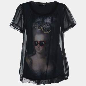 Love Moschino Black Printed Cotton Knit Chiffon Overlay T-Shirt M