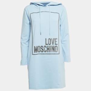 Love Moschino Blue Cotton Frame Logo Hoodie Dress S