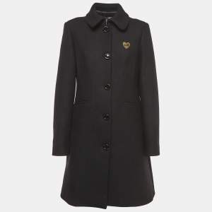 Love Moschino Black Wool Blend Logo Detail Mid-Length Coat M