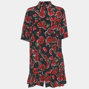 Love Moschino Black Rose Print Crepe Buttoned Mini Shirt Dress M