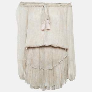 Love Shack Fancy Beige Printed Lurex Silk Flounce Mini Dress L