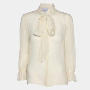 Pre Owned Luisa Beccaria Off White Chiffon Scarf Neck Button Front Blouse S
