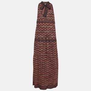 Pre Owned M Missoni Black/Red Patterned Lurex Knit Sleeveless Maxi Dress L