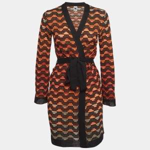 Pre Owned M Missoni Orange/Black Patterned Knit Belted Cardigan S