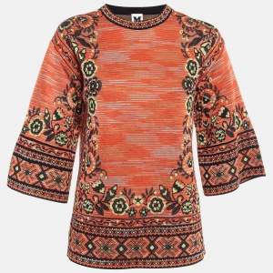 Pre Owned M Missoni Orange Floral Jacquard Knit Top M