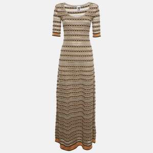 M Missoni Beige Patterned Knit Short Sleeve Maxi Dress S