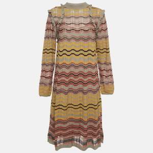 M Missoni Beige/Multicolor Patterned Knit Ruffled Midi Dress L 
