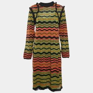 M Missoni Green/Orange Patterned Knit Ruffle Detail Midi Dress L