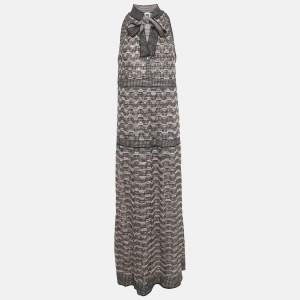 مملوكة مسبقًا M Missoni Black/Pink Patterned Lurex Knit Neck Tie Detail Maxi Dress M