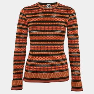 Pre Owned M Missoni Orange/Black Patterned Knit Full Sleeve Top S
