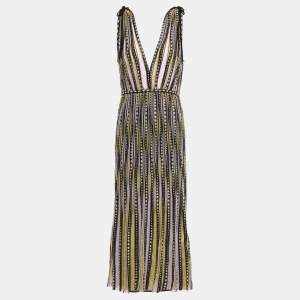 مملوكة مسبقًا M Missoni Yellow / Black Patterned Lurex Knit Sleeveless Midi Dress L