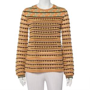 M Missoni Beige Straw Perforated Knit Long Sleeve Top L