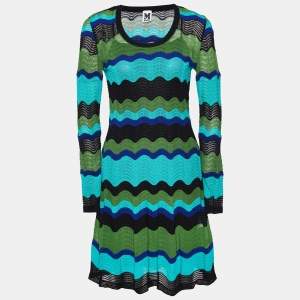 Pre Owned M Missoni Multicolour Wave Perforated Pattern Knit Midi Dress S