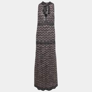 Pre Owned M Missoni Black/Pink Perforated Lurex Knit Maxi Dress L