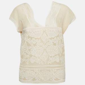 Pre Owned M Missoni Ivory White Sea Shell Pattern Lurex Knit Cap Sleeve Top S