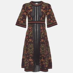 Pre Owned M Missoni Burgundy Floral Intarsia Knit Short Sleeve Midi Dress S