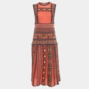 Pre Owned M Missoni Orange Patterned Knit Sleeveless Flared Midi Dress M