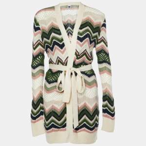 Pre Owned M Missoni Cream Chevron Pointelle Knit Belted Cardigan M