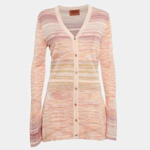 Pre Owned M Missoni Pink Stripe Knit Button Front Cardigan M