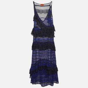Pre Owned Missoni Blue/Black Lurex Knit Ruffled Sleeveless Dress M