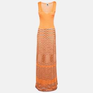 Pre Owned M Missoni Orange Chevron Knit Sleeveless Maxi Dress L