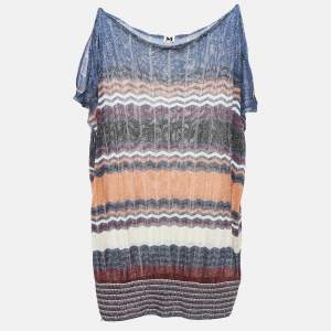 Pre Owned M Missoni Blue Chevron Lurex Knit Cut-Out Sleeve Sheer Tunic Top L