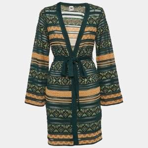 Pre Owned M Missoni Green Stripe Knit Belted Long Cardigan M