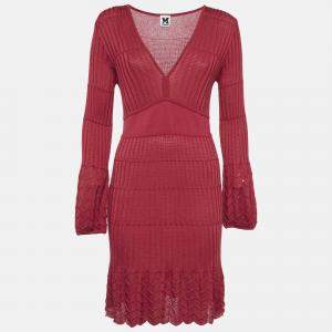 Pre Owned M Missoni Red Patterned Knit V-Neck Midi Dress M