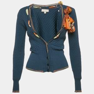 M Missoni Navy Blue Textured Knit Ribbon Detail Cardigan S