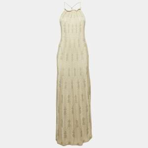 M Missoni Green Chevron Lurex Knit Halter Neck Lace-Up Maxi Dress XL