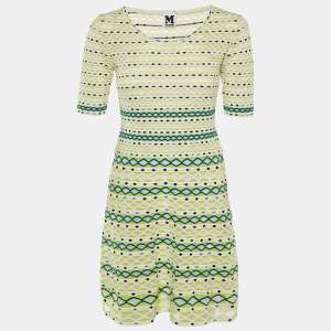 Pre Owned M Missoni White & Green Intarsia Knit Mini Dress S