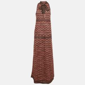 Pre Owned M Missoni Black/Pink Patterned Lurex Knit Neck Tie Detail Maxi Dress M