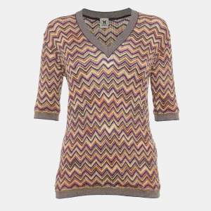 Pre Owned M Missoni Multicolor Zig-Zag Lurex Knit V-Neck Sweatshirt L