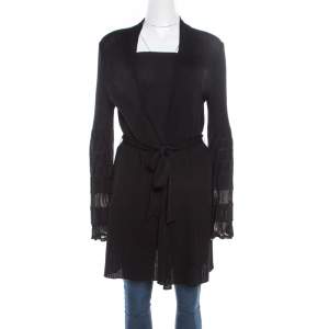 Pre Owned M Missoni Black Perforated Knit Open Front Belted Cardigan L