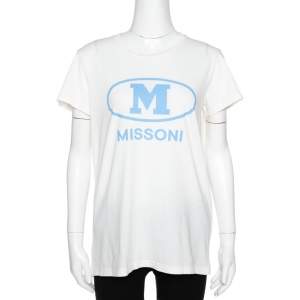 Pre Owned M Missoni Off White Logo Print Cotton Crew Neck T-Shirt M