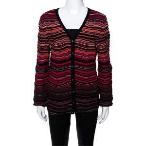 Pre Owned M Missoni Red Wavy Textured Knit Button Front Cardigan L