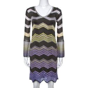 Pre Owned M Missoni Grey & Purple Chevron Crochet Knit Long Sleeve Dress S