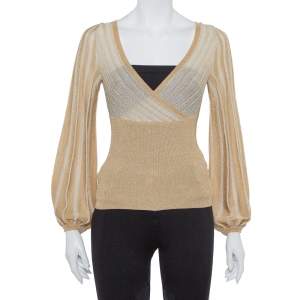 M Missoni Metallic Gold Perforated Knit Fitted Long Sleeve Top S