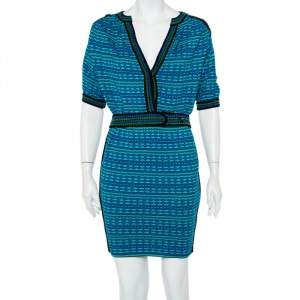 Pre Owned M Missoni Blue and Green Patterned Knit Belted Tunic Dress S 