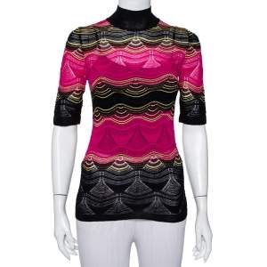 Pre Owned M Missoni Pink & Black Wavy Pointelle Knit Mock Neck Top S