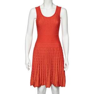 Pre Owned M Missoni Orange Perforated Lurex Knit Sleeveless Fit & Flare Dress S