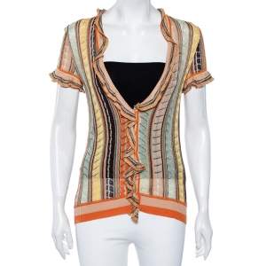 مملوكة مسبقًا توب أم ميزوني أزرار أمامية حافة مكشكش تفاصيل لوركس تريكو كروشيه متعدد الألوان مقاس متوسط