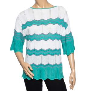 Pre Owned M Missoni Green & White Patterned Knit Oversized Top S