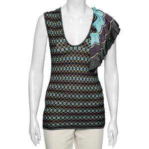Pre Owned M Missoni Multicolor Patterned Knit Ruffle Trim Detailed Top S