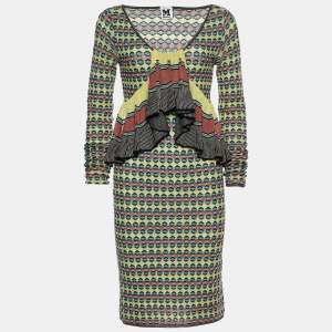 Pre Owned M Missoni Multicolor Patterned Knit Ruffle Trimmed Dress M