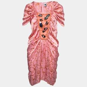 Pre Owned M Missoni Pink Printed Silk Embellished Bodice Ruched Detail Dress M