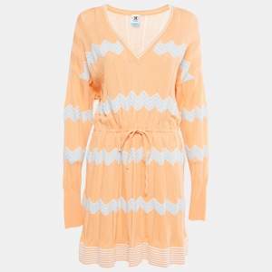 Pre Owned M Missoni Collection Orange Patterned Knit V-Neck Drawstring Dress L